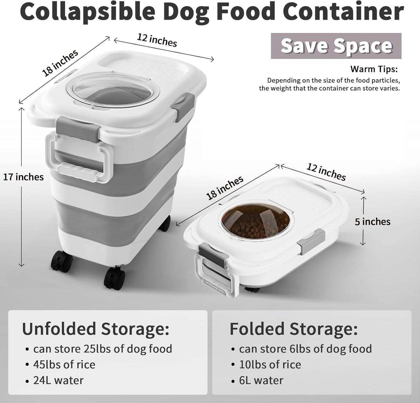 25 Lbs Dog Food Storage Container, Collapsible Dog Food Container with Scoop for Pet/Dog/Cat/Bird Food,Keep Dry Food Fresh,Easy to Move (White)