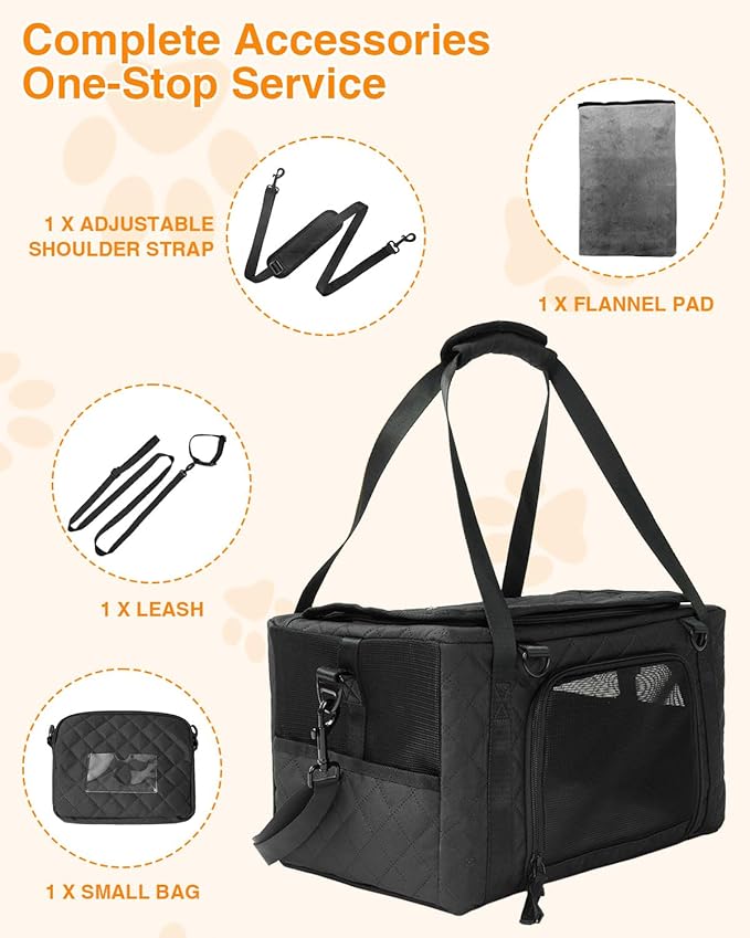 PETUX Small Cat Carrier - Pet Carrier Airline Approved for Kitten Under 10 lb - Escape-Proof, Foldable & Portable Cat Carriers for Travel, Vet Visits with Removable Bag, Safety Buckle ＆ Leash - Black