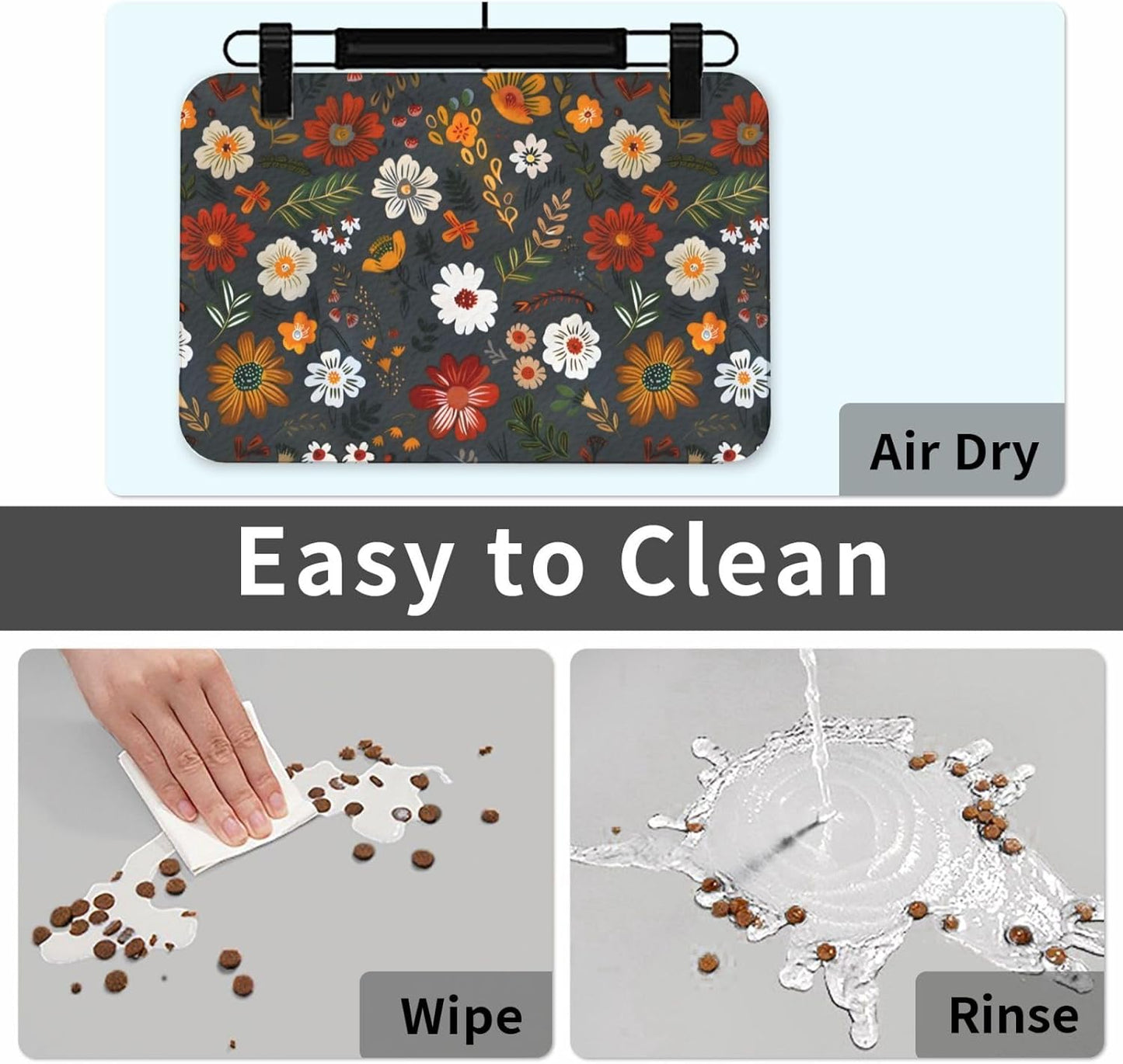 Flower Berries Dog Food Mat Absorbent Bowl Mats No Stains Quick Dry Waterproof Pet Cat Placemats for Food and Water, 30x45cm