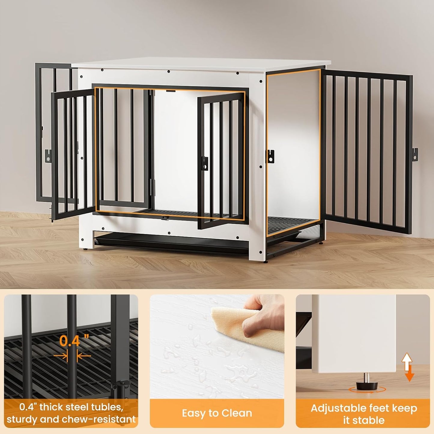 Dog Crate Furniture, Dog Crate End Table for Small and Medium Dogs,Wooden Cage Kennel Furniture Indoor, Modern Dog Crate with Multi-Purpose Removable Tray, Double-Doors Dog Furniture, White