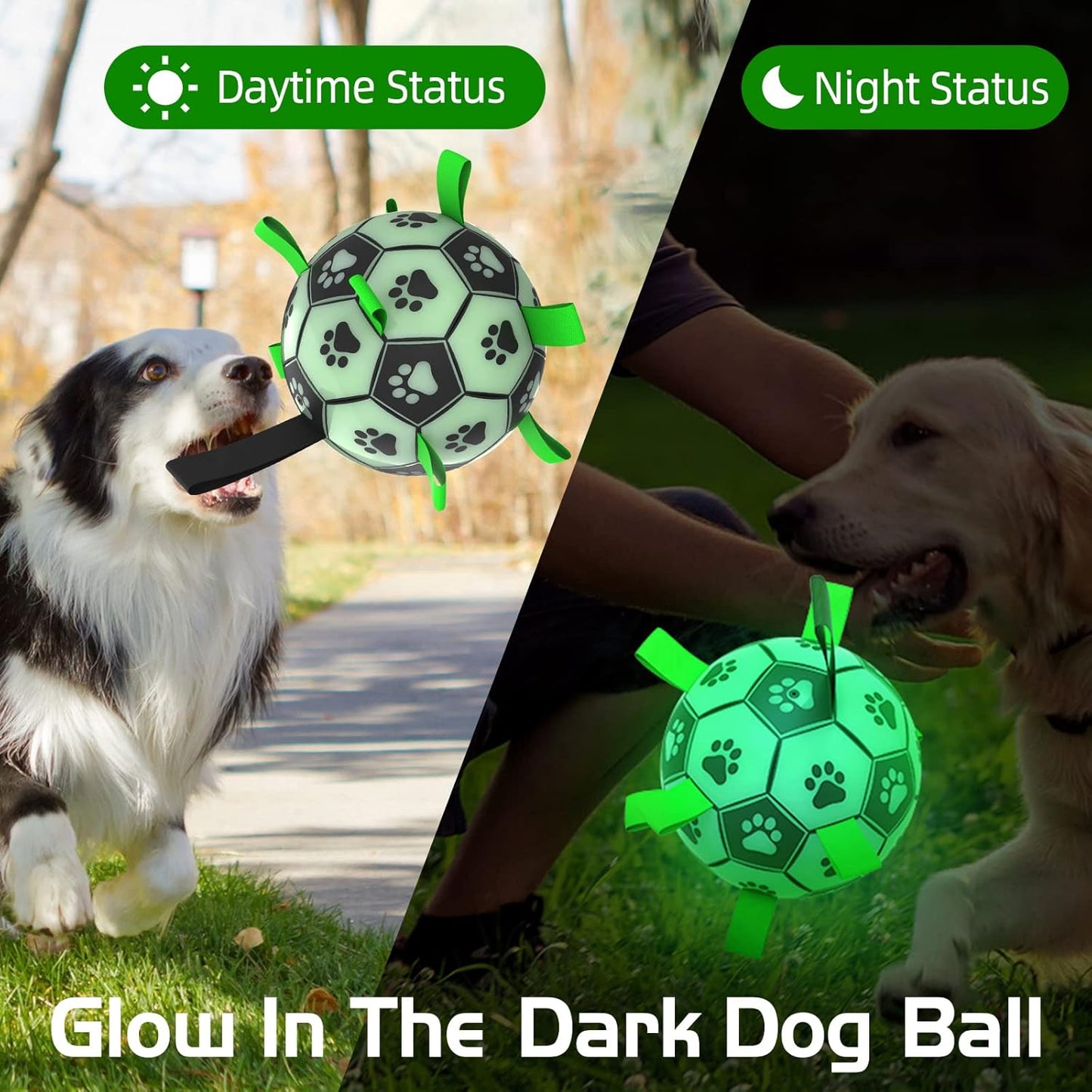QDAN Glow in The Dark Dog Toys Soccer Ball with Straps, Outdoor Interactive Dog Toys Puppy Birthday Gifts, Dog Tug Water Toy, Light Up Dog Balls for Small & Medium Dogs（6 Inch Size 2）