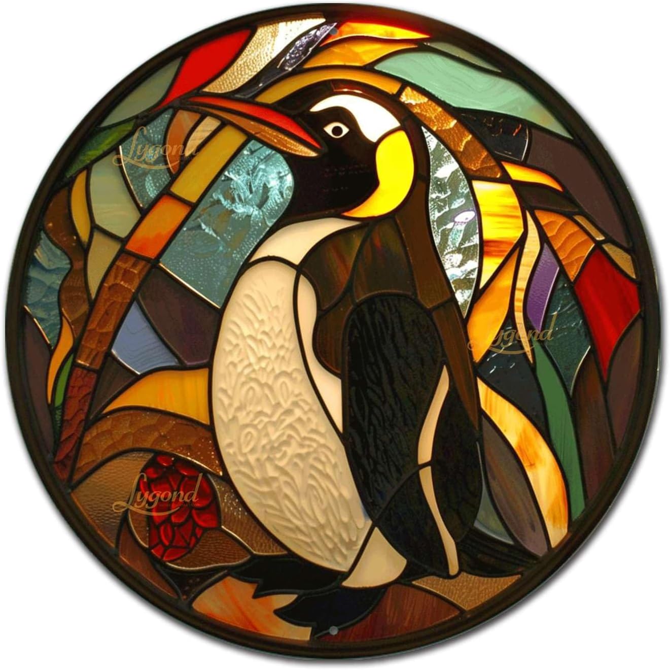 Lygond Metal Sign Tin Sign Circular Stained Glass Penguin Greenhouse Decor for Patio 12×12 Inches