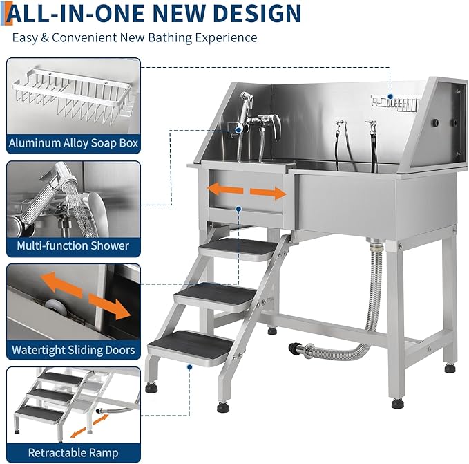 Stainless Steel Dog Washing Station - Dog Bath Tub for Large, Medium, Small Dogs, Pet Grooming Tub with Ramp, Non-Slip Grate, Shower, Soap Box, Faucet, Drain for Home & Outdoor （Left RAMP, 38"）