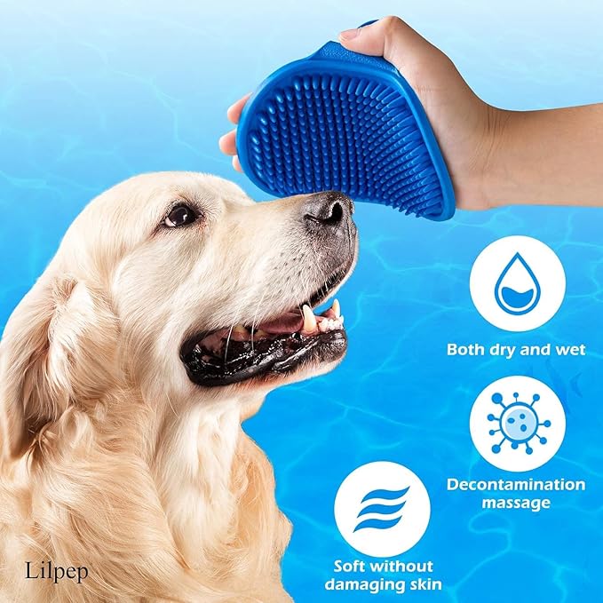 Dog Grooming Brush, Lilpep Pet Shampoo Bath Brush Soothing Massage Rubber Comb with Adjustable Ring Handle for Long Short Haired Dogs and Cats (Blue, pack of 1)