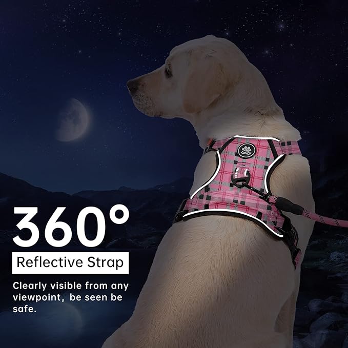 IVY&LANE No Pull Dog Harness with Leash Set, Reflective No Choke Pet Vest,Adjustable Oxford Dog Vest Harness with Easy Control Handle for Large Dogs (Checkered Pink,L)