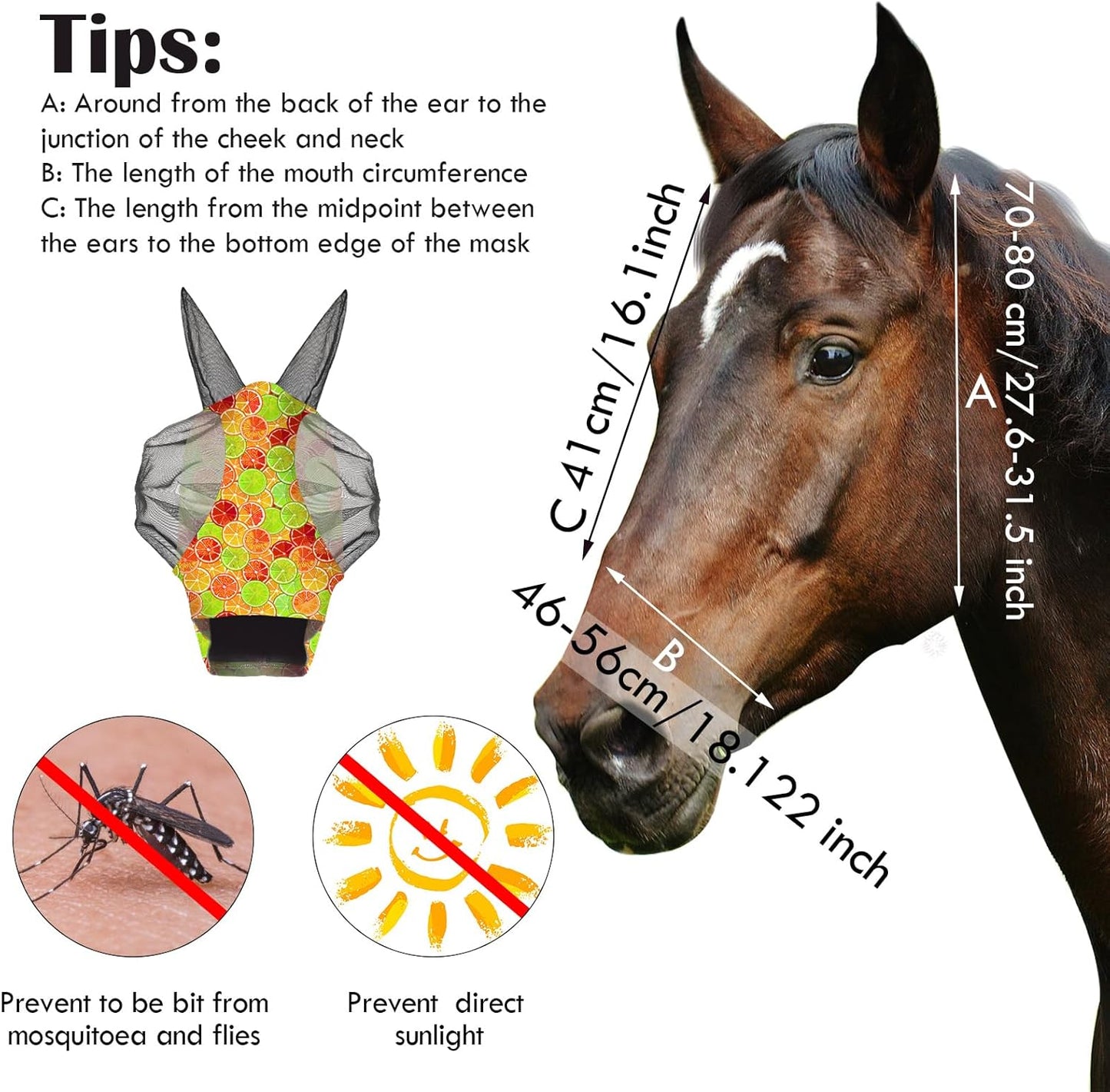 Frienda 4 Pieces Horse Fly Masks with Ears Face Covering UV Protection from Insect Pests Elasticity Smooth Comfortable Mesh Horse Mask Accessories(Fruit,Medium)