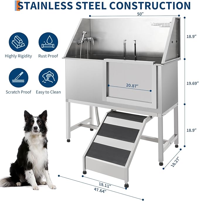 Stainless Steel Dog Washing Station - Dog Bath Tub for Large, Medium, Small Dogs, Pet Grooming Tub with Ramp, Non-Slip Grate, Shower, Soap Box, Faucet, Drain for Home & Outdoor （Right RAMP, 50"）