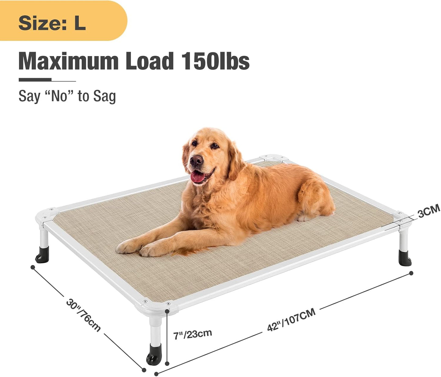 Veehoo Chew Proof Elevated Dog Bed - Cooling Raised Pet Cot - Silver Aluminum Frame and Durable Textilene Mesh Fabric, Unique Designed No-Slip Feet for Indoor or Outdoor Use, Beige Coffee, Large