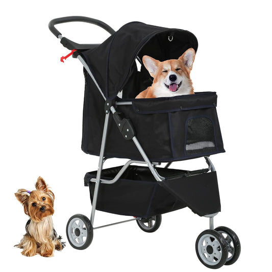Travel Folding Pet Jogger for Small Medium Dog Cat - Folding Stroller with Storage Basket, Removable Cup Holders (Black, 3 Wheels)