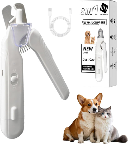 2-in-1 Dog Nail Grinder & Dog Nail Clippers Trimmers for Large Medium Small Dogs Cats Pets Claw Trimmer with LED Lights (White)