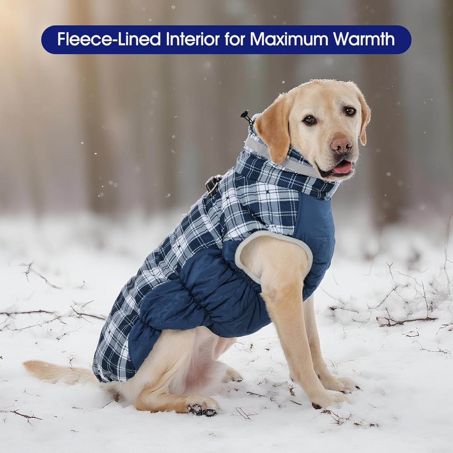 FUAMEY Dog Coat for Medium Dogs,Waterproof Dog Winter Jacket with Harness Built in Puppy Cold Weather Coats Reflective Pet Vest with Zipper Warm Fleece Dogs Snowsuit Windproof Blue Plaid M