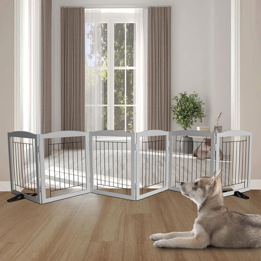 ZJSF Freestanding Dog Fence Indoor, Foldable Dog Gate for Doorways, Stairs or Hallways, Sturdy Wood Extra Wide Pet Gate with Support Feet for The House, Grey, 24 "Height-6 Panels
