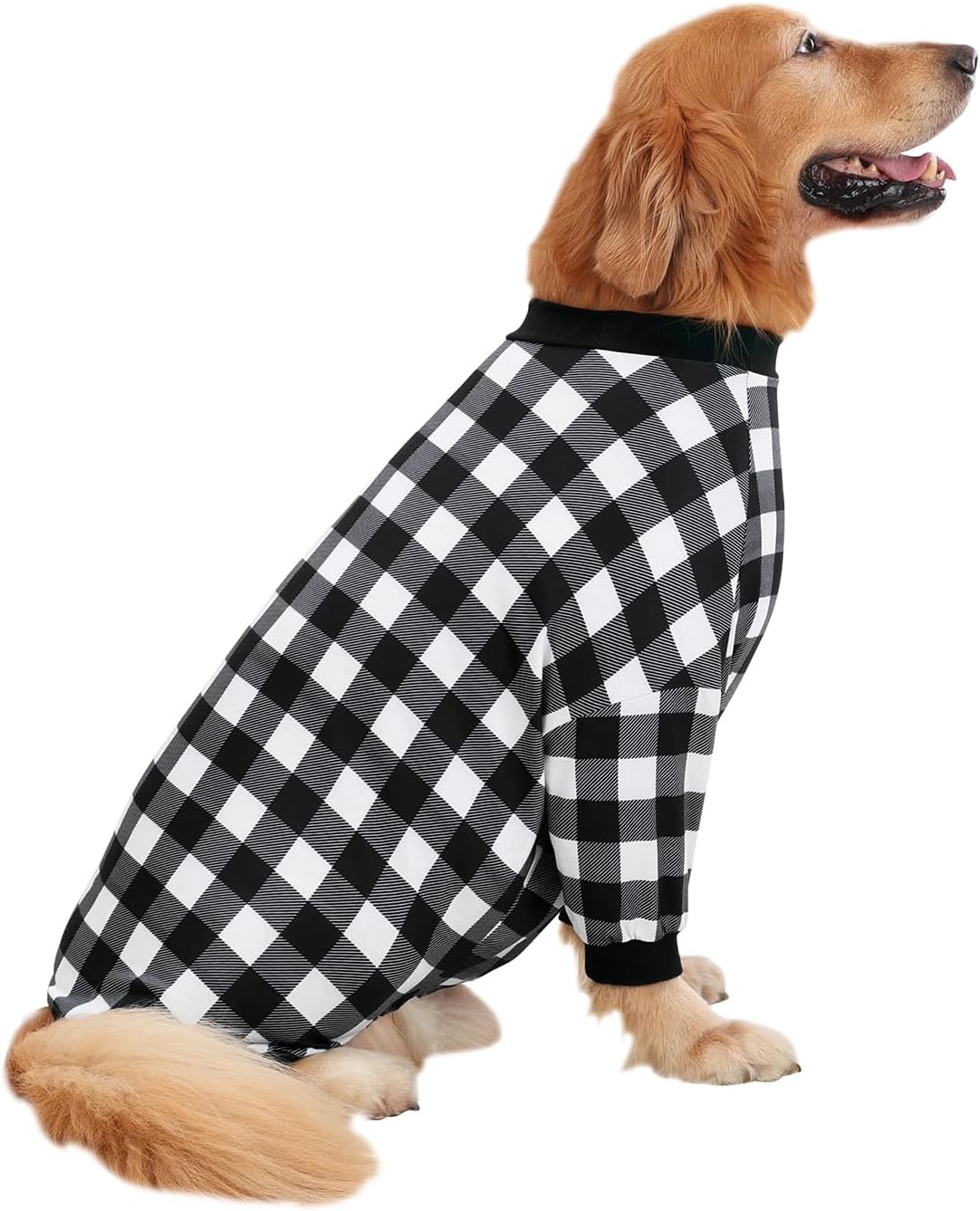 HDE Dog Pajamas One Piece Jammies Jumpsuit Pet Clothes Outfit Stretchy Lightweight Comfy Shirt Pjs for M-3XL Dogs Black & White Buffalo Plaid - 2XL