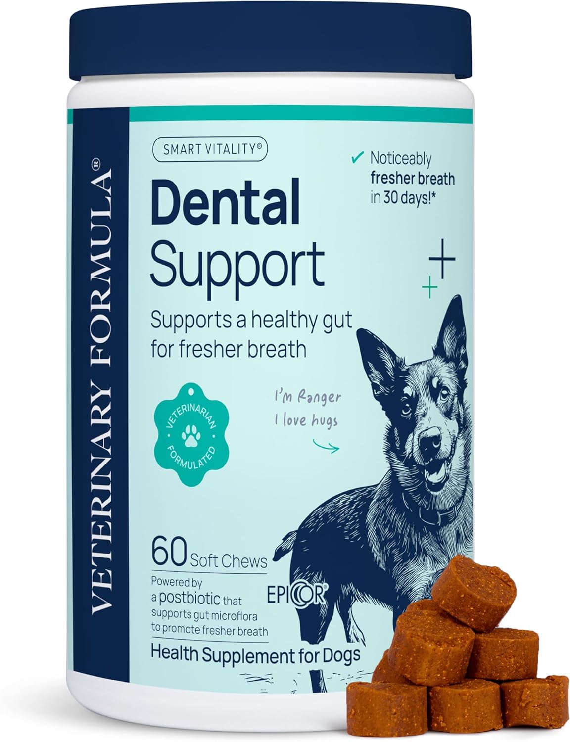 Veterinary Formula Dental Health Supplement for Dogs – Vet-Formulated Chews with EpiCor® & Kelp – Smart Vitality Supports Plaque, Tartar, Breath & Oral Health, 60 Soft Chews