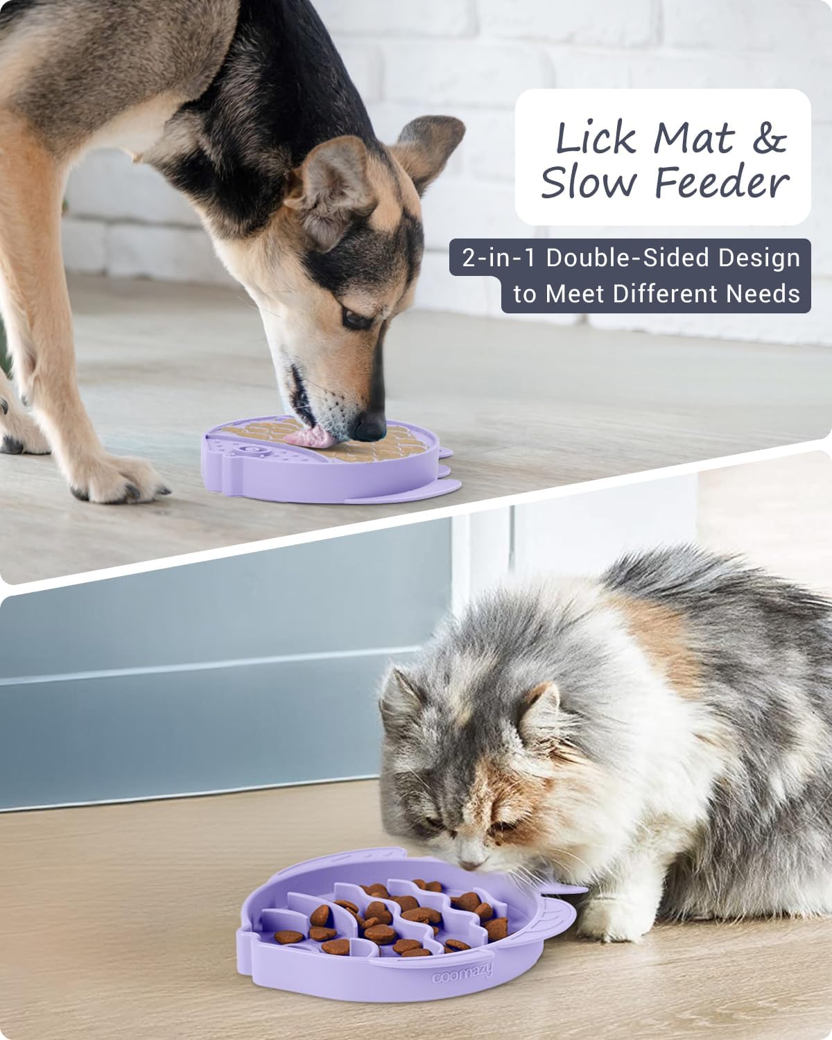 Coomazy 2-in-1 Silicone Slow Feeder Dog Cat Bowls, Lick Mat Interactive Puzzle Toy for Pets Dry/Wet Food Training, Keeps Dogs Cats Busy, Prevents Puppy Kitty Overeating (Purple, 1.2 Cup)