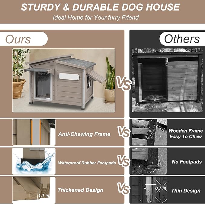 43" L Outdoor Extra Large Dog House with Removable Floor, Raised Feet, Anti-Chewing Iron Frame – Wooden Kennel with Asphalt Roof, Window for Indoor/Outdoor Use, Ideal for Medium to Large Dogs