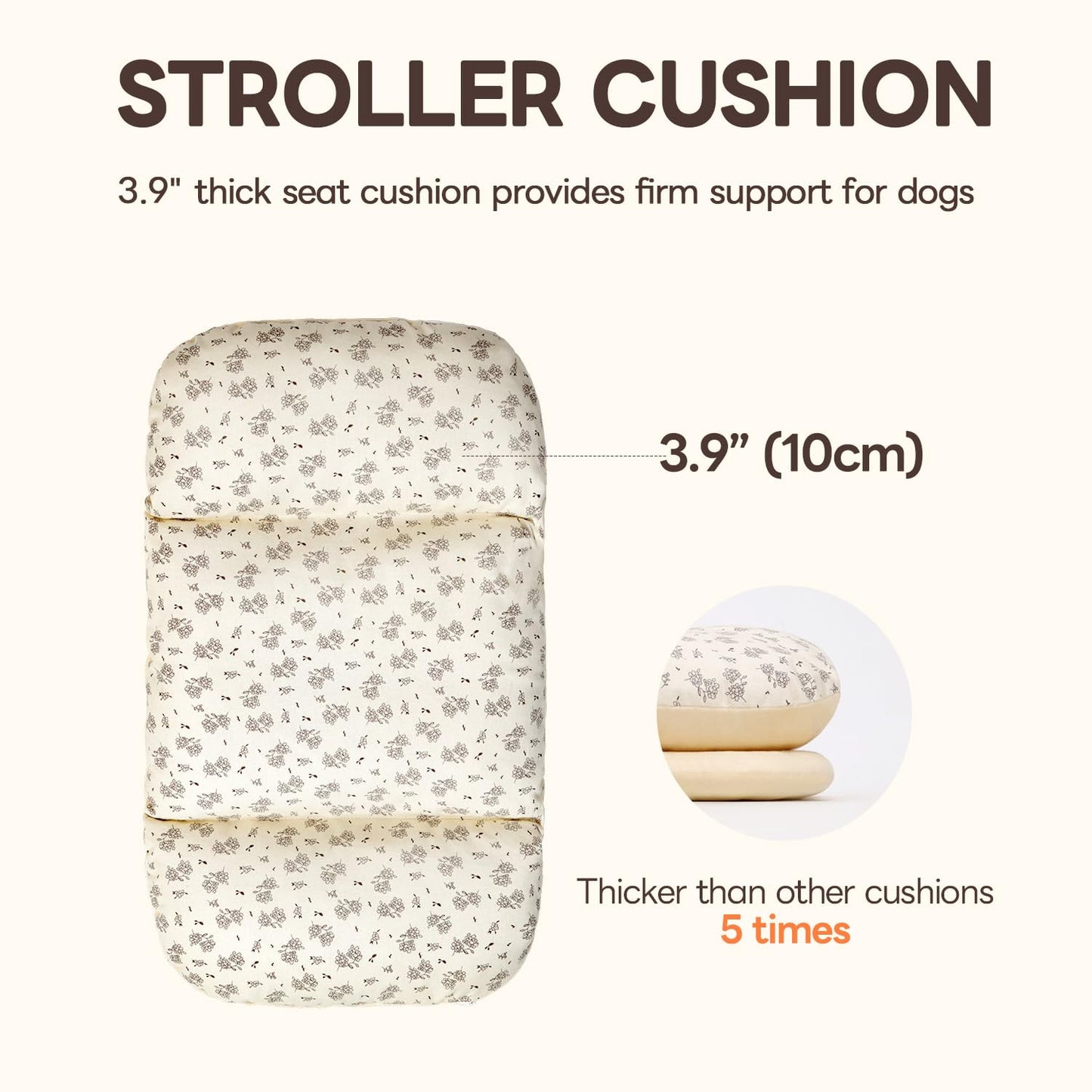 Dog Stroller Cushion & Mat, Pet Stroller Cushion for Dogs & Cats, 5-Level Waterproof & Removable Inner Core, Dog-Ergonomic 3-Zone Support, 4-inch Thickness (Flower Set)