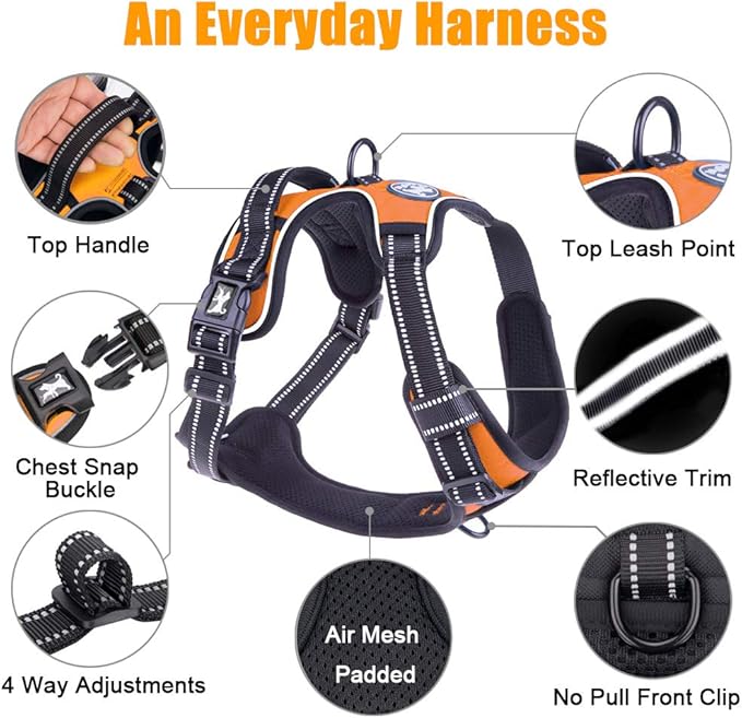 PoyPet No Pull Dog Harness, Reflective Comfortable Vest Harness with Front & Back 2 Leash Attachments and Easy Control Handle Adjustable Soft Padded Pet Vest for Small to Large Dogs (Orange,XL)