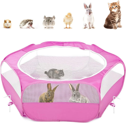 Pawaboo Small Animals Playpen, Waterproof Small Pet Cage Tent with Zippered Cover, Portable Outdoor Yard Fence with 3 Metal Rod for Chick/Kitten/Puppy/Guinea Pig/Rabbits/Hamster/Chinchillas,Magenta