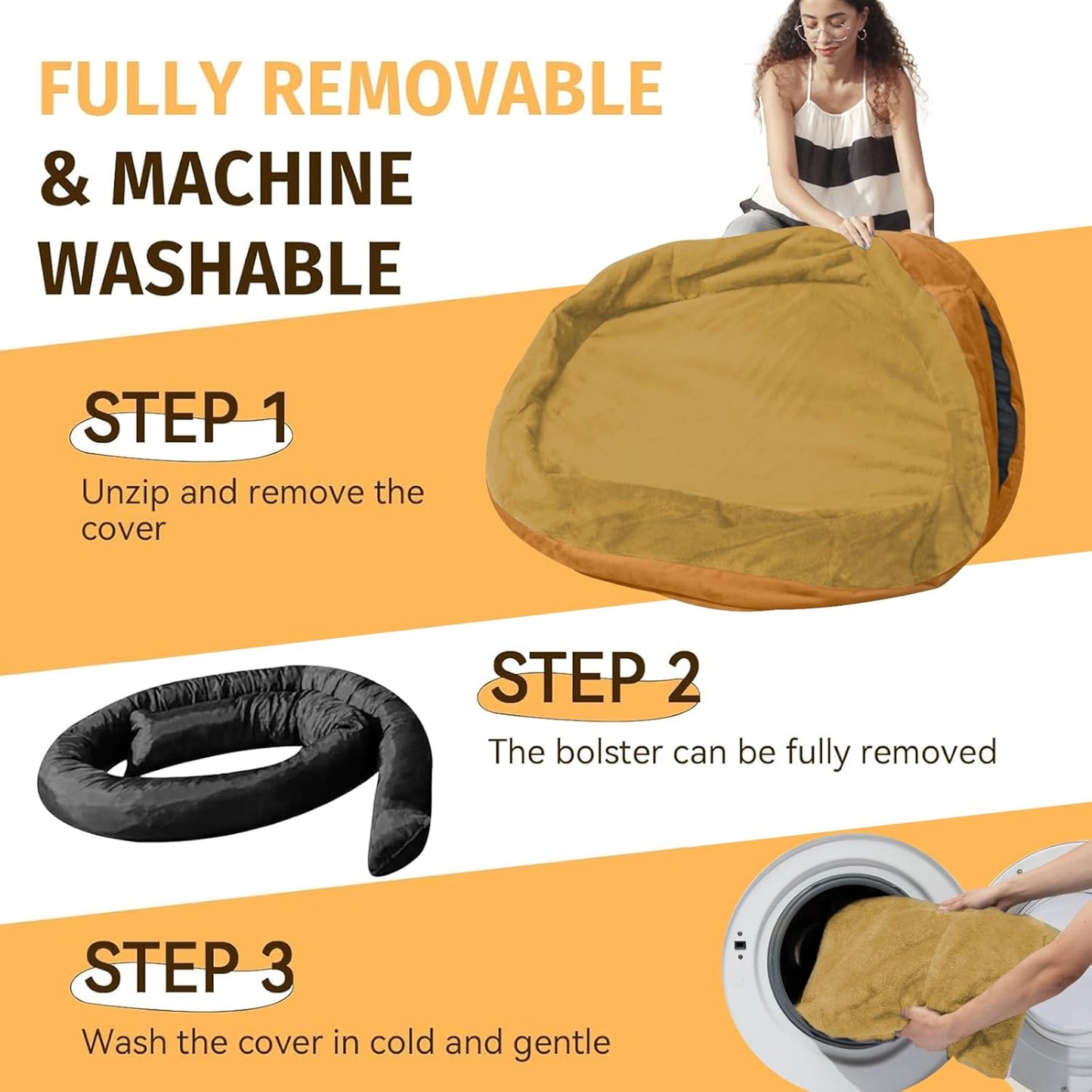 Orthopedic Waterproof Large Dog Bed: Memory Foam Washable Dog Bed with Bolsters - Removable Orthopedic Cover for Medium L XL Large Sized Pet - Non-Slip Bottom - Orange