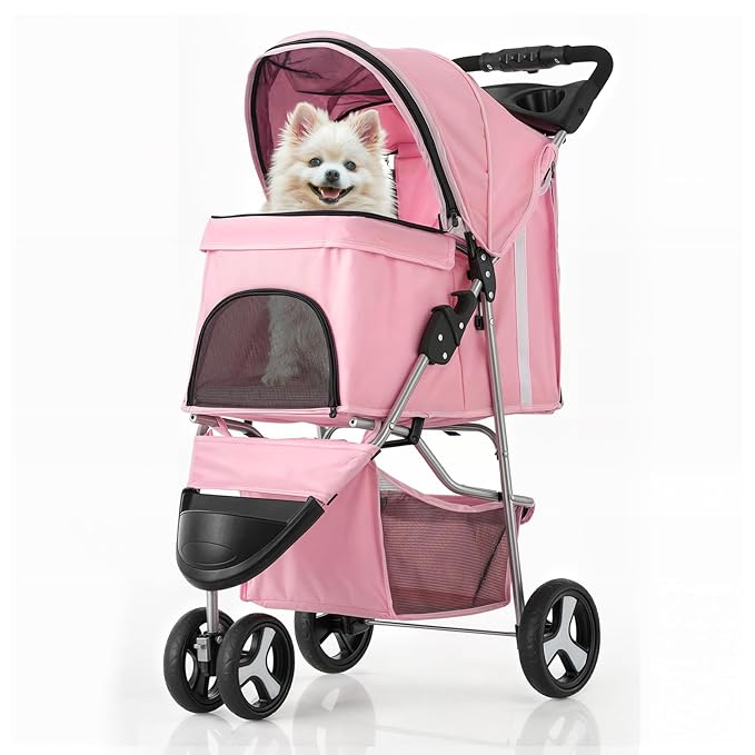MoNiBloom 3-Wheels Foldable Pet Stroller with Waterproof Cover, Pet Strolling Cart for Small/Medium Dogs and Cats with Storage Basket and Cup Holder, Breathable and Visible Mesh for All-Season, Pink