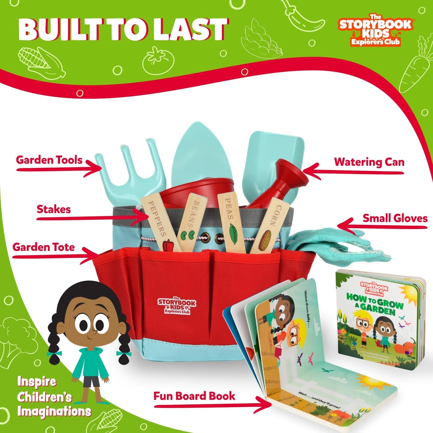 Matching Board Book - Red Kids Gardening Tools Set Includes Sturdy Tote Bag, Watering Can, Shovel, Rake, and Trowel - Garden Storybook - Kids Garden Tools- Easter Gifts for Toddler Age on up.