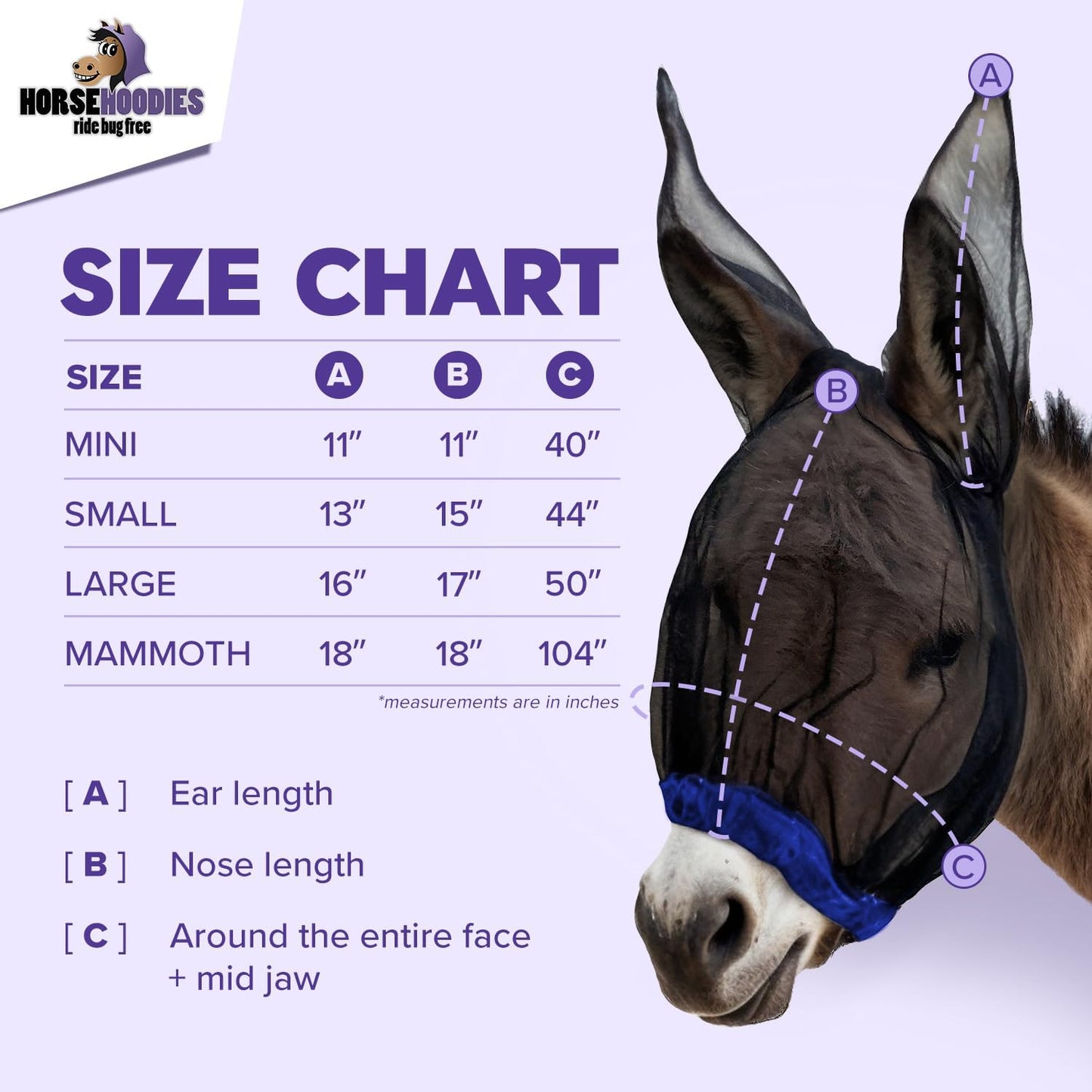 Donkey Fly Mask with Long Ears (Purple) Made in USA - Mule Fly Mask with Ears Protection from Insects and Bugs, Small Donkey Soft Mesh Fabric with Adjustable Fastener, Face Cover Supplies for Donkeys