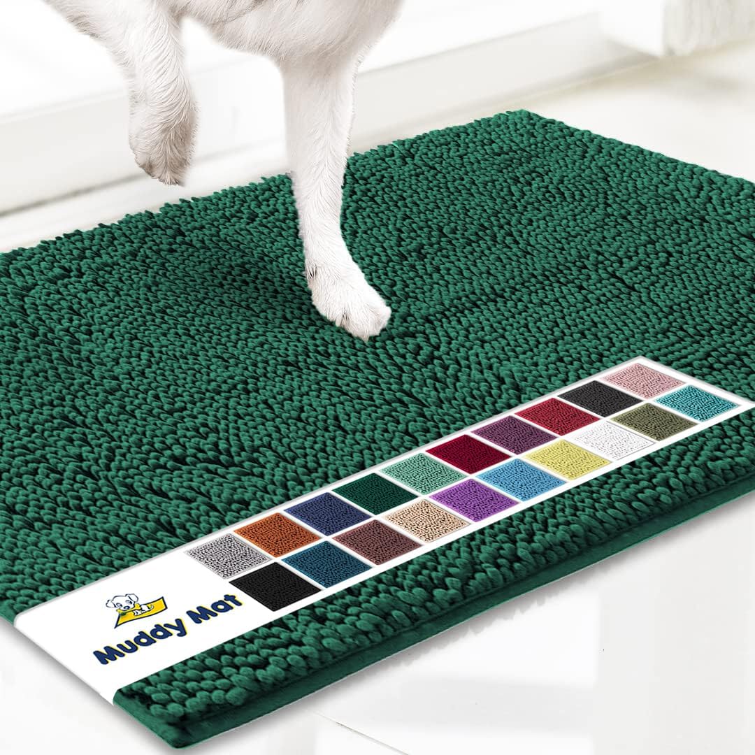 Muddy Mat® AS-SEEN-ON-TV Highly Absorbent Microfiber Dog Door Mat and Pet Rug, Non Slip Thick Washable Area and Bath Mat Soft Chenille for Kitchen Bathroom Bedroom and Indoor- Dark Green Large 35"X24"