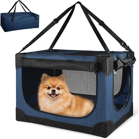 24 inch Small Dog Crate - for Small Dogs, Portable Travel Pet Crate with 4 Mesh Doors, Foldable Car Kennel for Puppy with Handle for Indoor and Outdoor, Bule