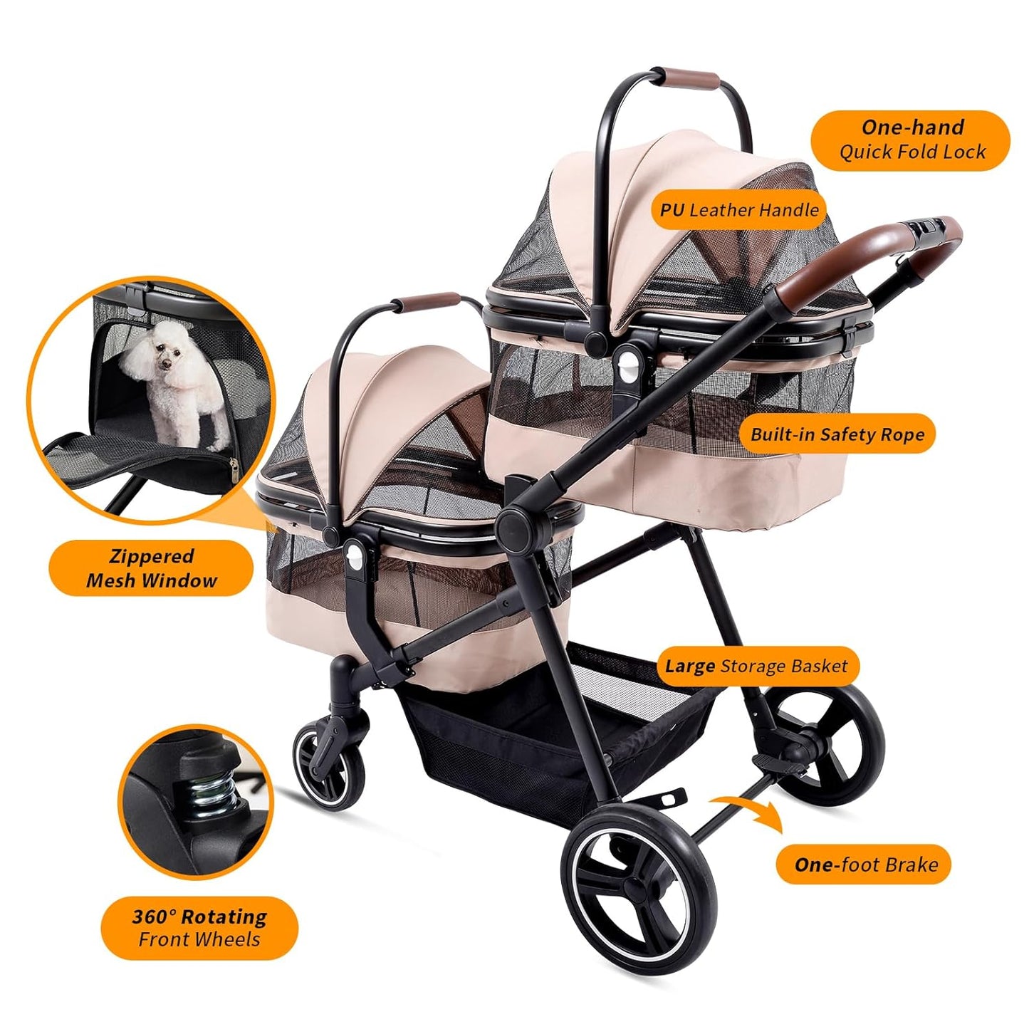 Foldable Double Pet Stroller for 2 Small Medium Cats Dogs, Lightweight Single and Double Integrated Pet Stroller with Detachable Carriers