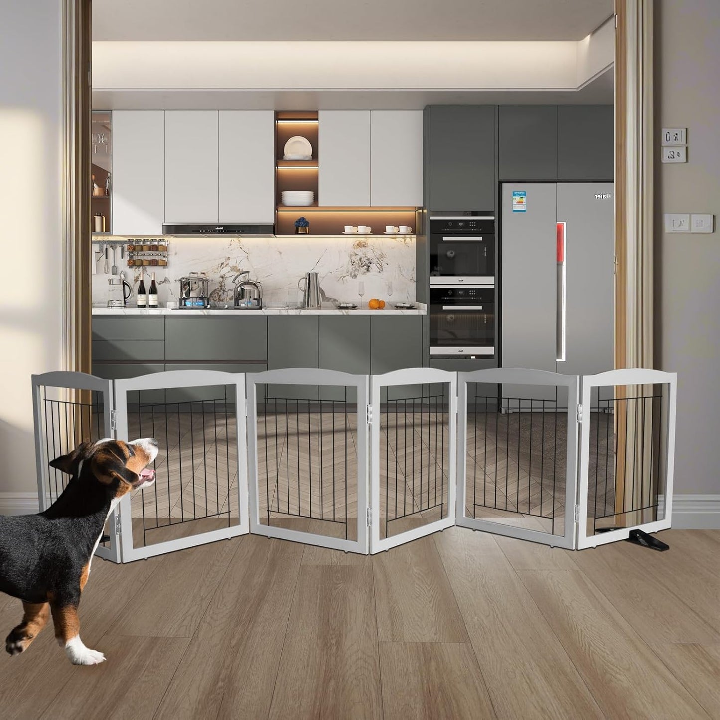 ZJSF Freestanding Dog Fence Indoor, Foldable Dog Gate for Doorways, Stairs or Hallways, Sturdy Wood Extra Wide Pet Gate with Support Feet for The House, Grey, 24 "Height-6 Panels
