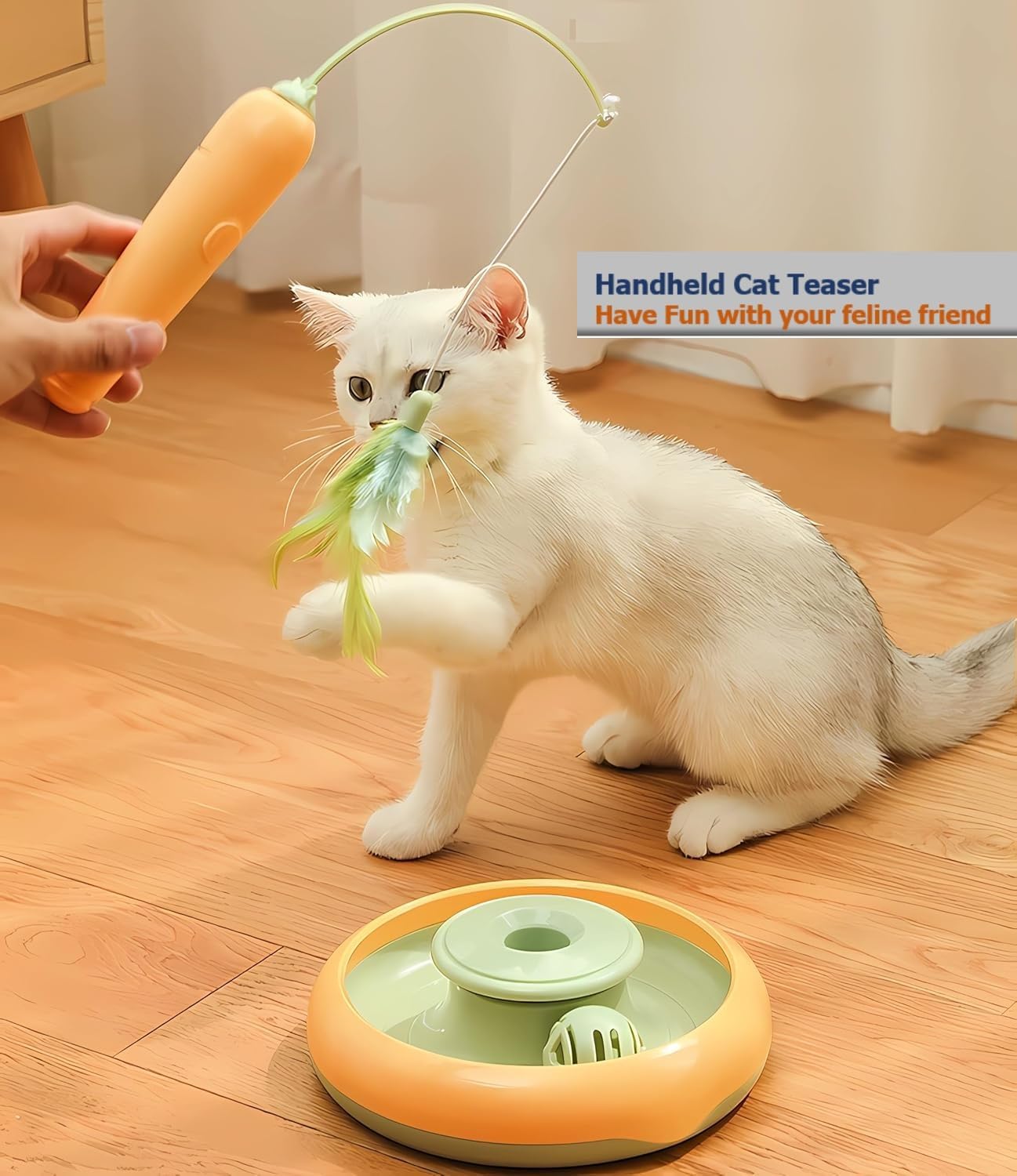Interactive Cat Toys for Bored Indoor Cats,Automatic Cat Toy 3-in-1 Smart Teaser Wand Featuring Spinning Feather&Rolling Ball Track,Cats Dancer Toy Stimulates Hunting Instincts,Weight Control