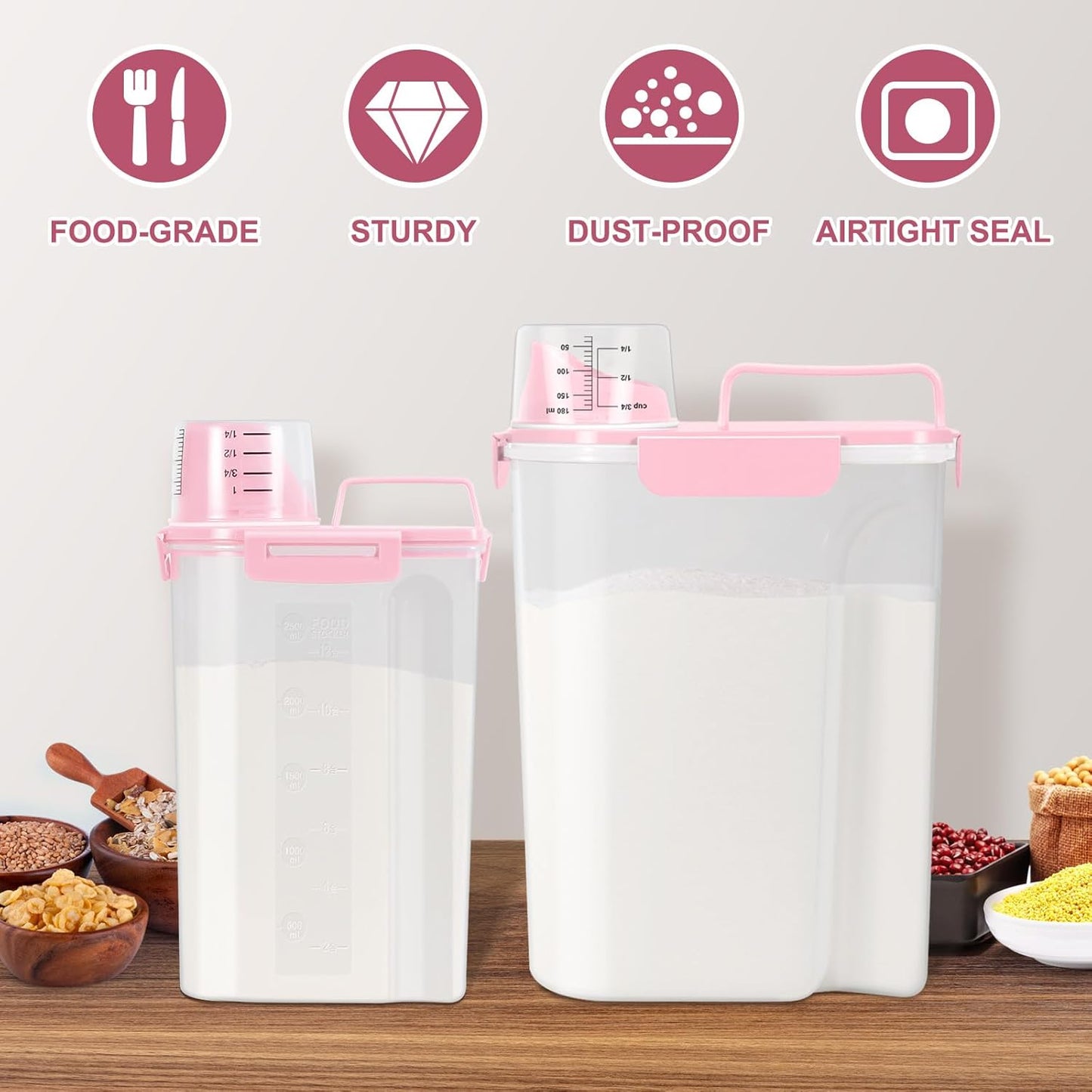 TBMax Rice Container 2 Pack, Airtight Cereal Container Oatmeal Storage with Easy-pouring Spout & Handy Cup for Flour Grain Beans, Pet Dog Cat Bird Food Storage Dispenser-Pink