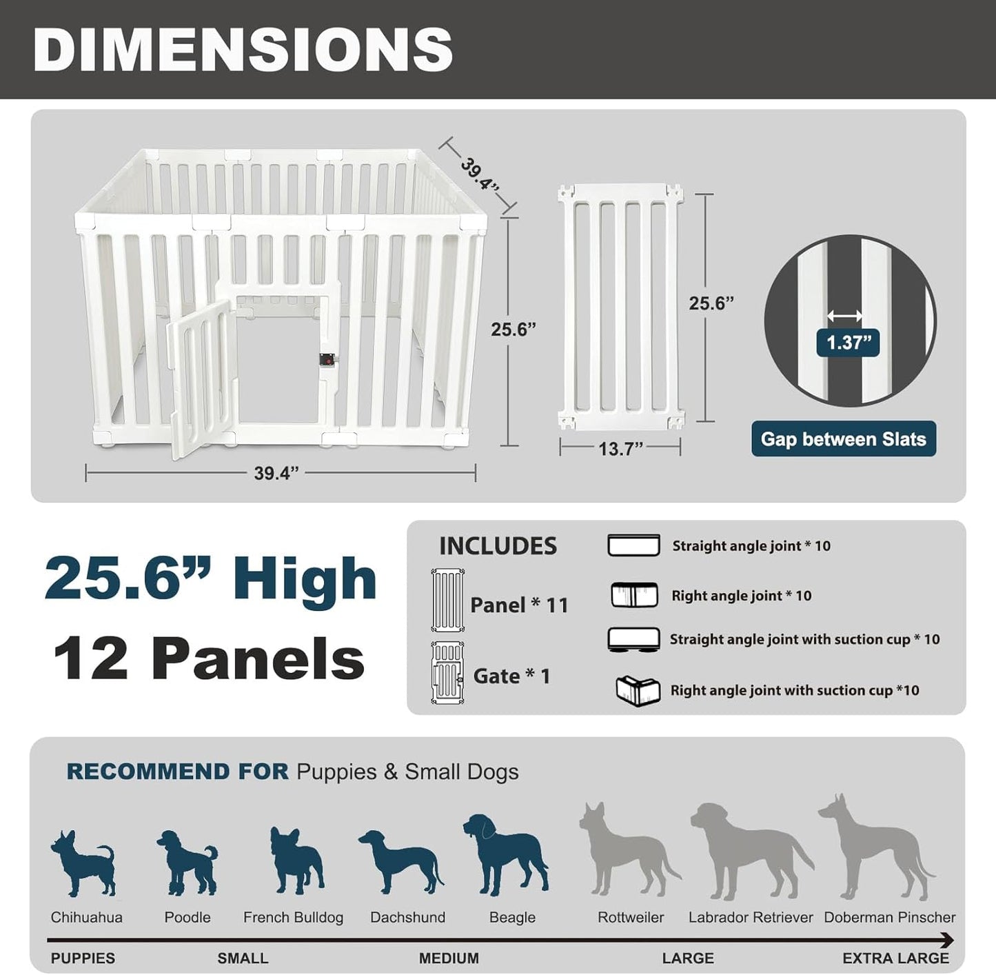 Dog Playpen with Door, 12 Panels Puppy Playpen, 25.6” H Dog Pen for Small Cats and Dogs, Pet Fence for Indoor & Outdoor, Non-Slip Pet Gate Made of Strong Plastic, White