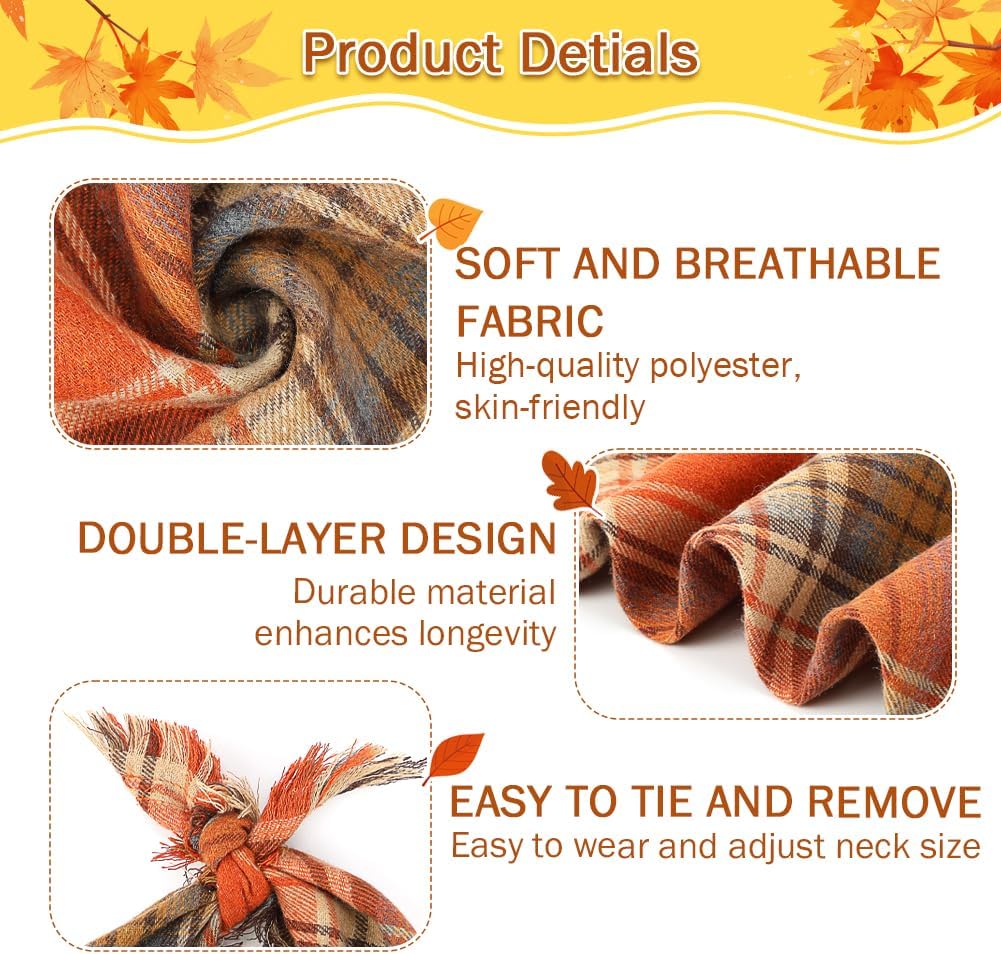 Vivifying Halloween Dog Bandanas, 2 Pack Thanksgiving Fall Classic Plaid Dog Scarf with Tassels Edges, Funny Pet Apparel & Accessories Costume for Photo Prop, and Party Decor (X-Large, Yellow&Orange)