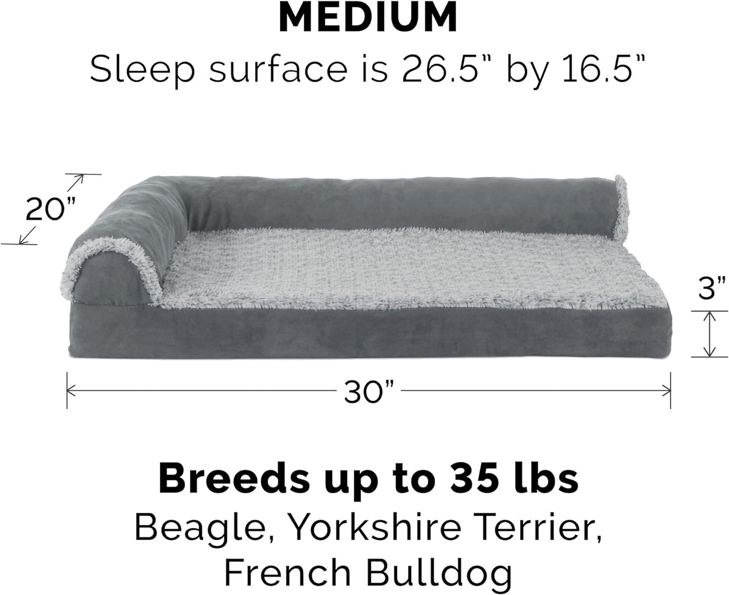 Furhaven Cooling Gel Dog Bed for Medium/Small Dogs w/ Removable Bolsters & Washable Cover, For Dogs Up to 35 lbs - Two-Tone Plush Faux Fur & Suede L Shaped Chaise - Stone Gray, Medium