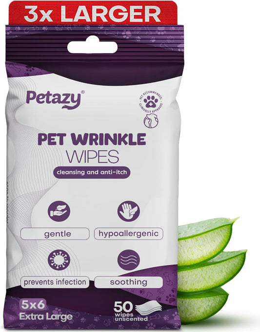 Wrinkle Wipes for Dogs | 3X Larger Dog Face Wipes for French Bulldog and Pug - Cleanse Skin Folds, Tear Stains, Tail Pockets | Anti-Itch, Soothing, & Hypoallergenic with Coconut Oil | 50 Count
