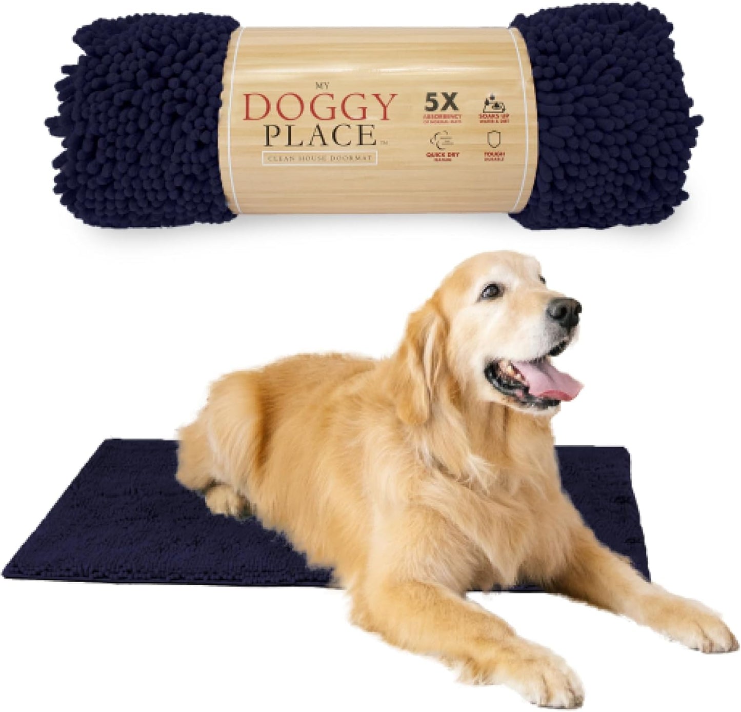 My Doggy Place Microfiber Dog Mat for Muddy Paws, 36" x 26" Navy Blue - Absorbent and Quick-Drying Dog Paw Cleaning Mat, Washer and Dryer Safe - Non-Slip Rubber Backed Dog Floor Mat, Large