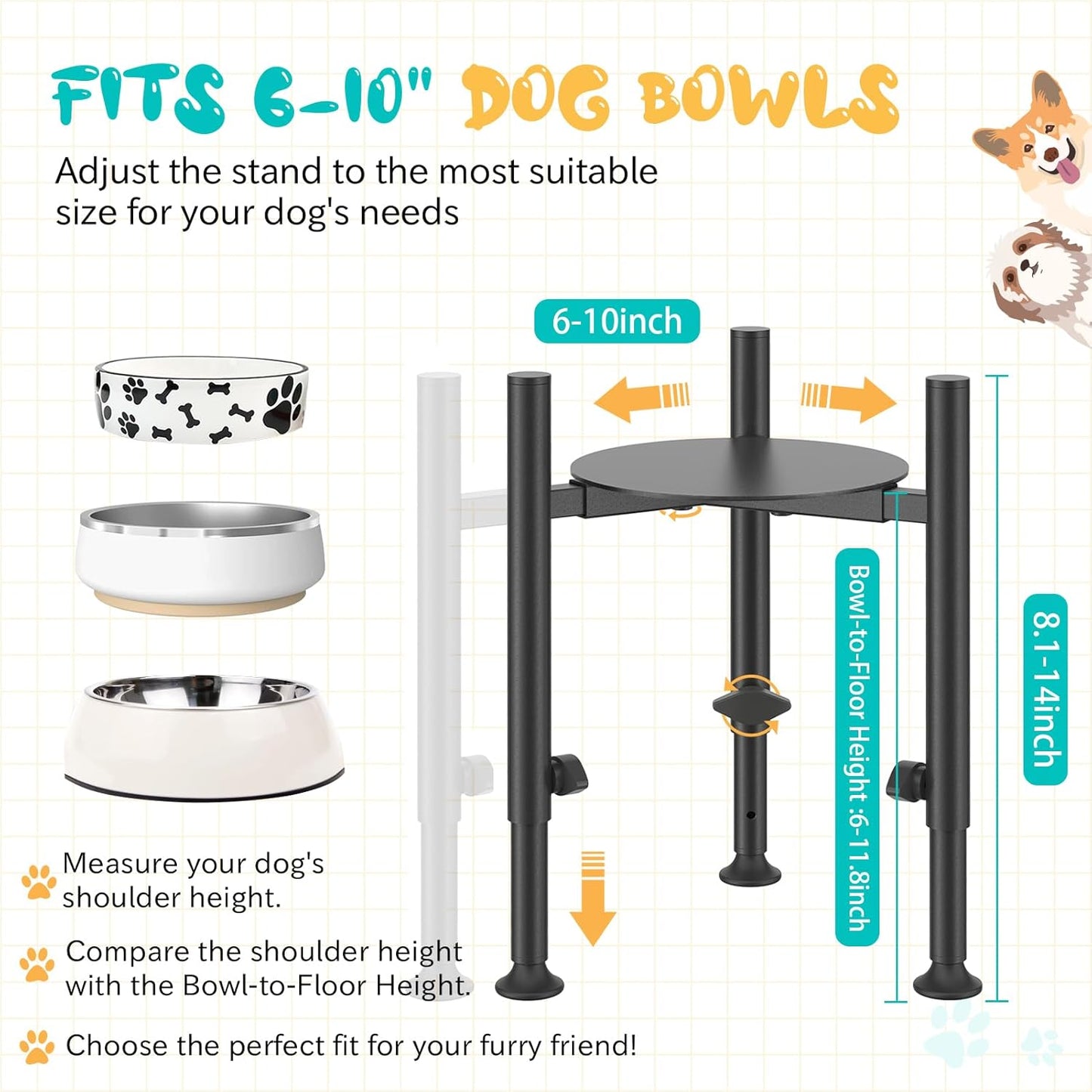 Adjustable Dog Bowls Elevated Stand- 4 Heights, Wide 6-10" -Oppro Metal Raised Tall Single Dog Food Bowl Stands Holder, Upgrade Lifted Water Feeder with Tray for Medium Large Small Breed, Black