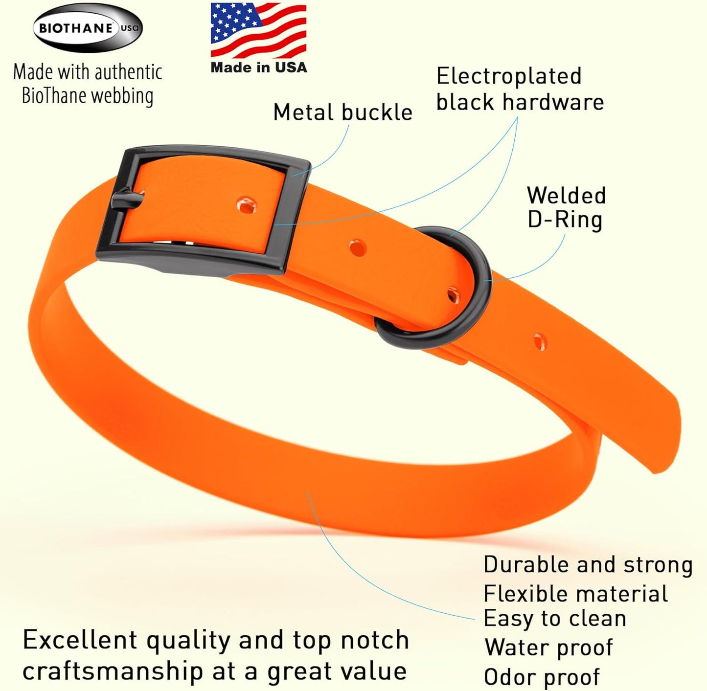 Dogline Biothane Waterproof Dog Collar Strong Coated Nylon Webbing with Black Hardware Odor- Proof for Easy Care Easy to Clean High Performance Fits Small Medium or Large Dogs, Hunter Orange