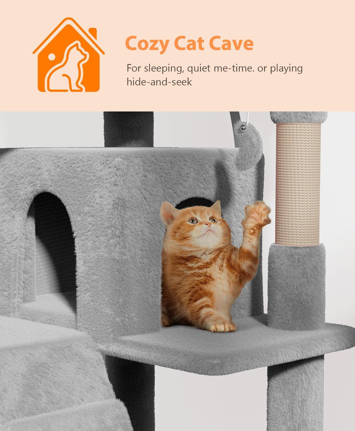 70'' Cat tree Tower for Indoor Cats Large Adult,Cute/Tall Modern Cat Tree for Big Cats 20 lbs,Plush Multi-Level Cat Condo with Scratching Posts,Dangling Ball for fun play(Light Gray, 70 inch)