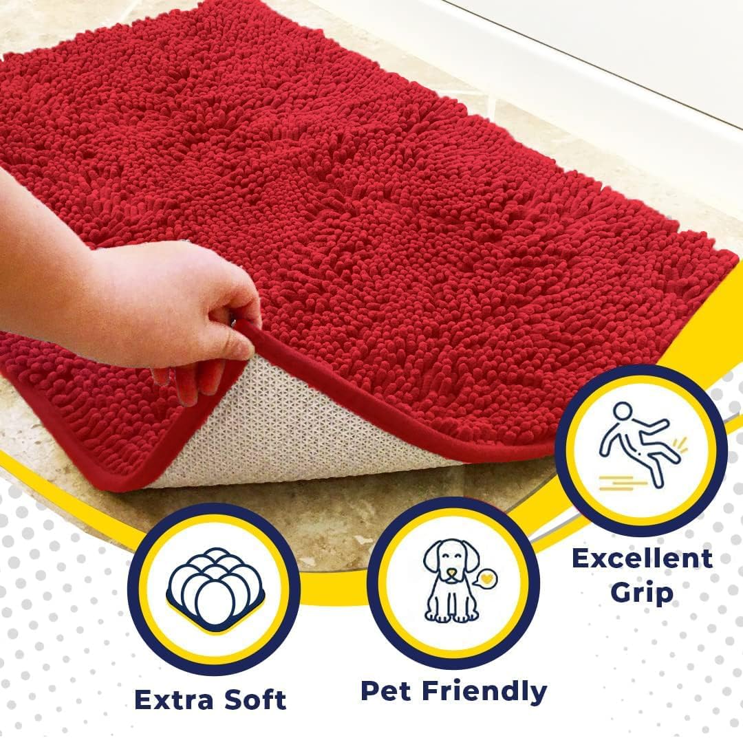Muddy Mat® AS-SEEN-ON-TV Highly Absorbent Microfiber Door Mat and Pet Rug, Non Slip Thick Washable Area and Bath Mat Soft Chenille for Kitchen Bathroom Bedroom Indoor and Outdoor - Red 3ft x 8ft