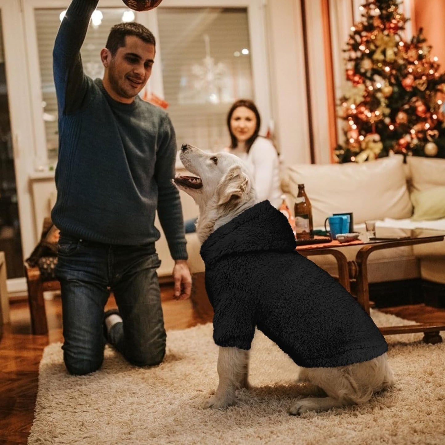 Fuzzy Dog Sweaters for Large Dogs Pet Hoodie Clothes Warm Soft Pet Coats Hooded Sweatshirt Dog Sweaters for Extra Large Dogs(Black-XL)