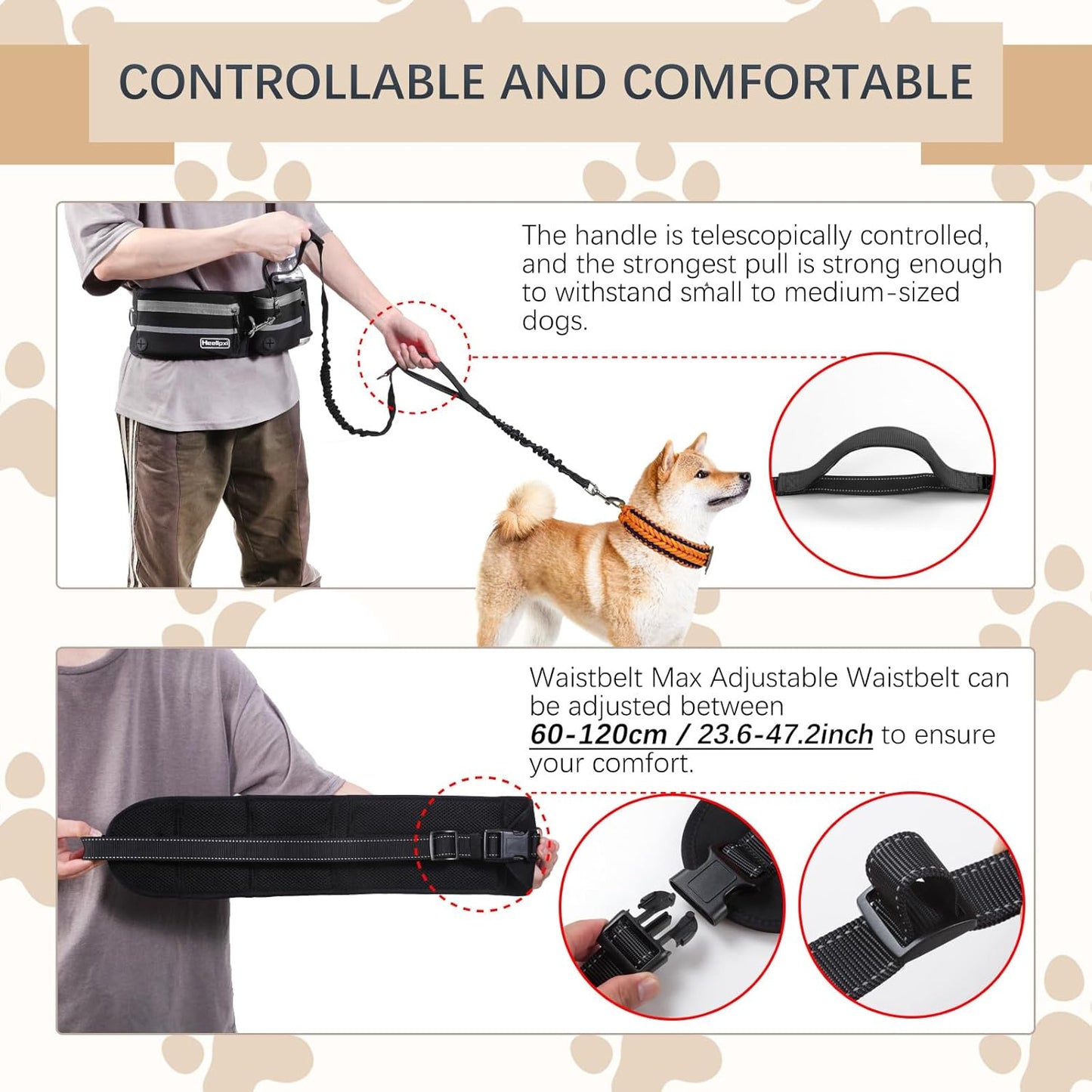 Hands-Free Waist Leash with Pouch for Two Dogs: Reflective Stitching, Dual Handle & Bungee Retractable Design – Ideal for Medium to Large Dogs (Grey) – Dog Walking Accessories