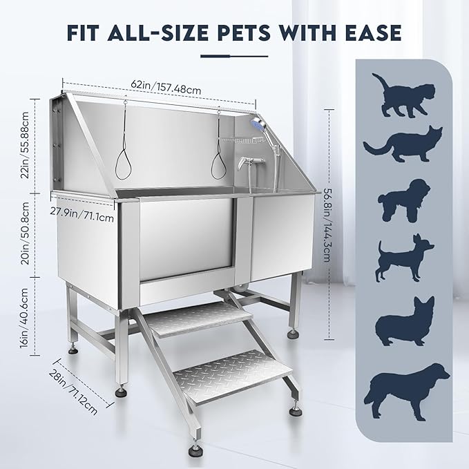 Dog Grooming Tub 62'' Dog Bathtub XL-Style Pet Bathing Tub Stainless Steel Dog Wash Station for Large Dogs Home Commercial with Faucet, Sliding Door