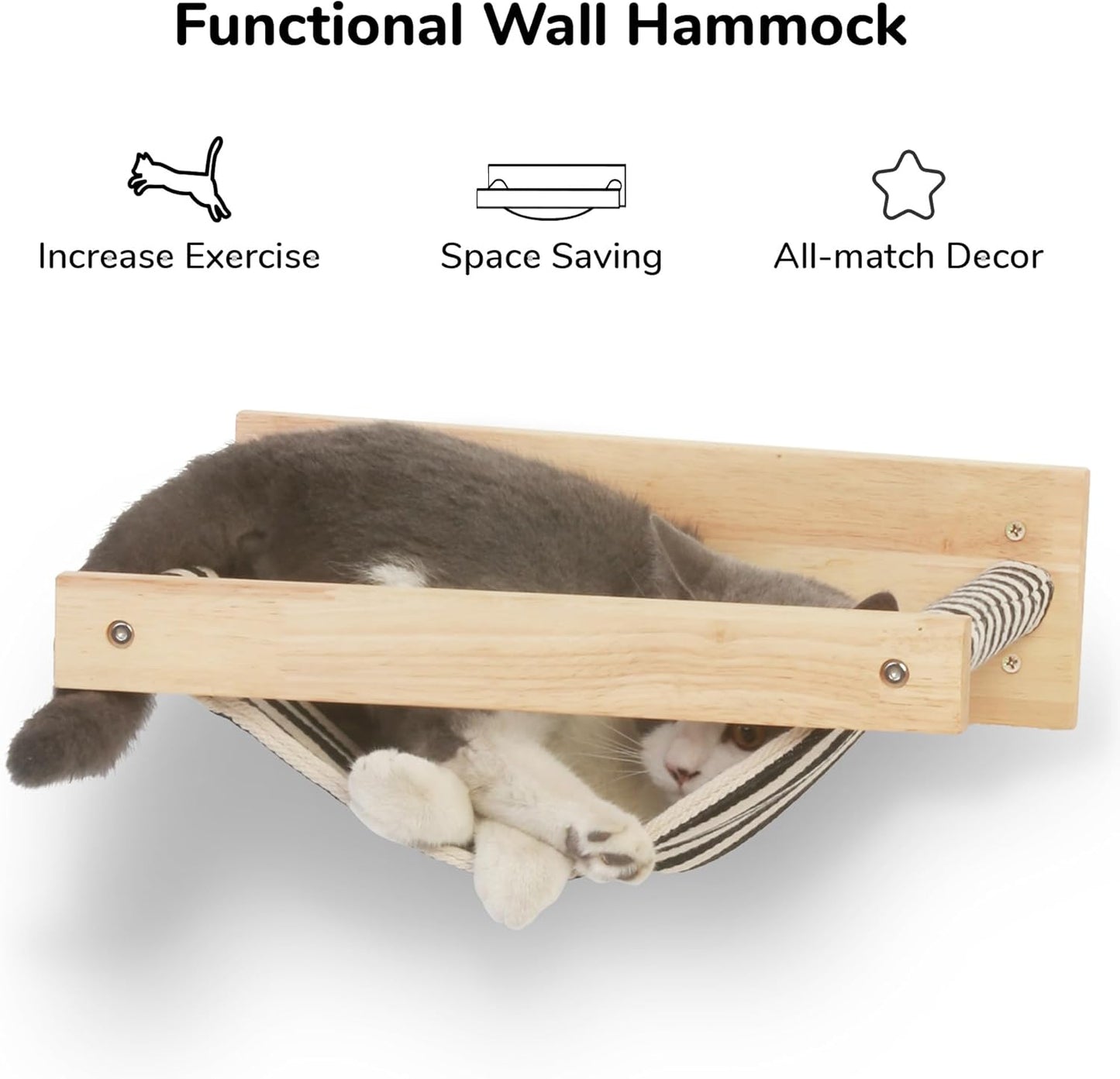 FUKUMARU Hammock Wall Mounted Cat Beds and Perches, Wooden Kitten Walls Furniture, Stable Cats Shelves for Sleeping, Playing, Climbing, and Lounging, Black Stripe