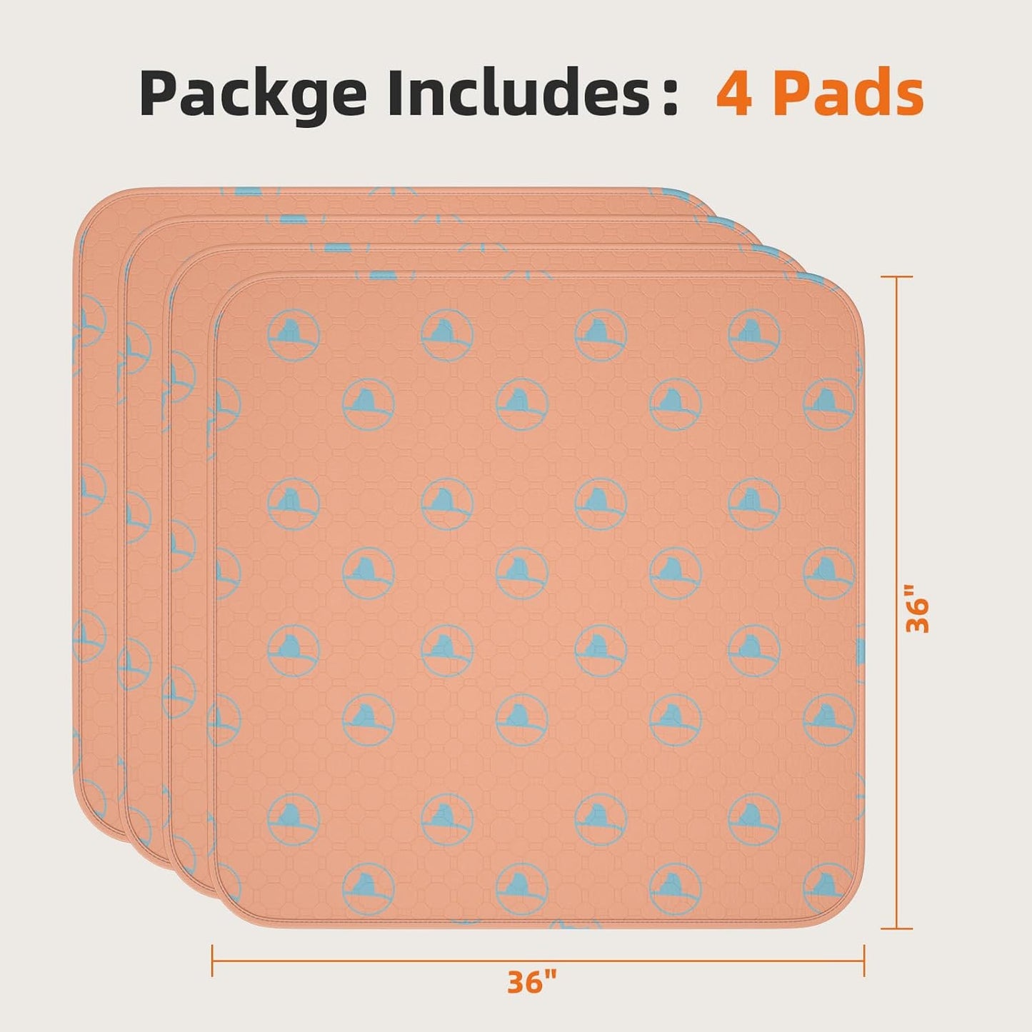 PJYuCien Washable Pee Pads for Dogs 4 Pack, 36" x 36" Reusable Pee Pads for Dogs, Leak-Proof Pet Training Pads, Puppy Pads for Non-Slip, Designed for Dog Pen, Whelping Pad, Potty Training (Orange)