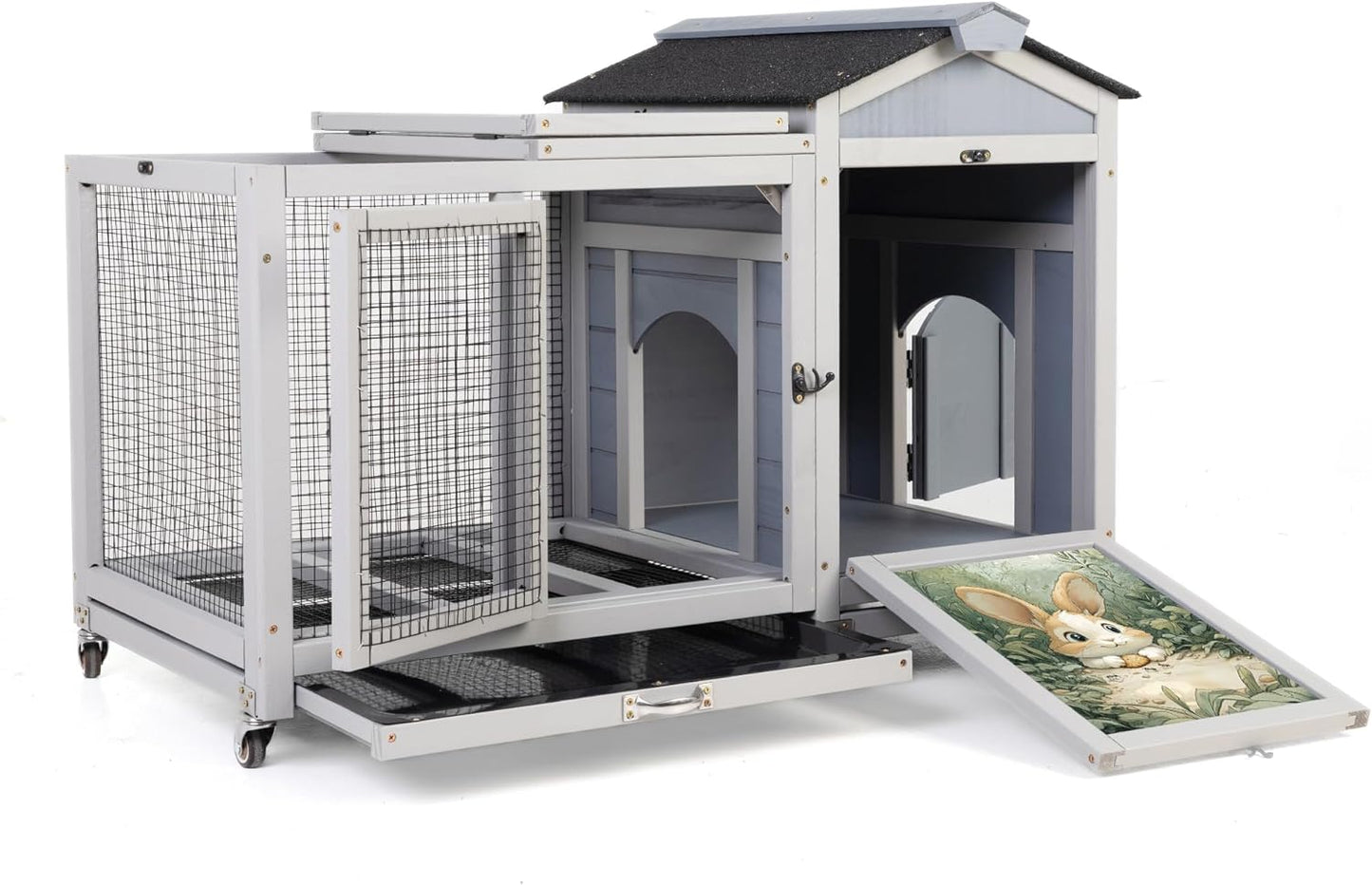 COZIWOW 38.5inches Durable Wooden Rabbit Cage Indoor，Wide Space Small Animal House with Removable Tray&Safety Lock，Rubbit Hutch with Waterproof Roof&Solar Panels (Grey with Pattern)