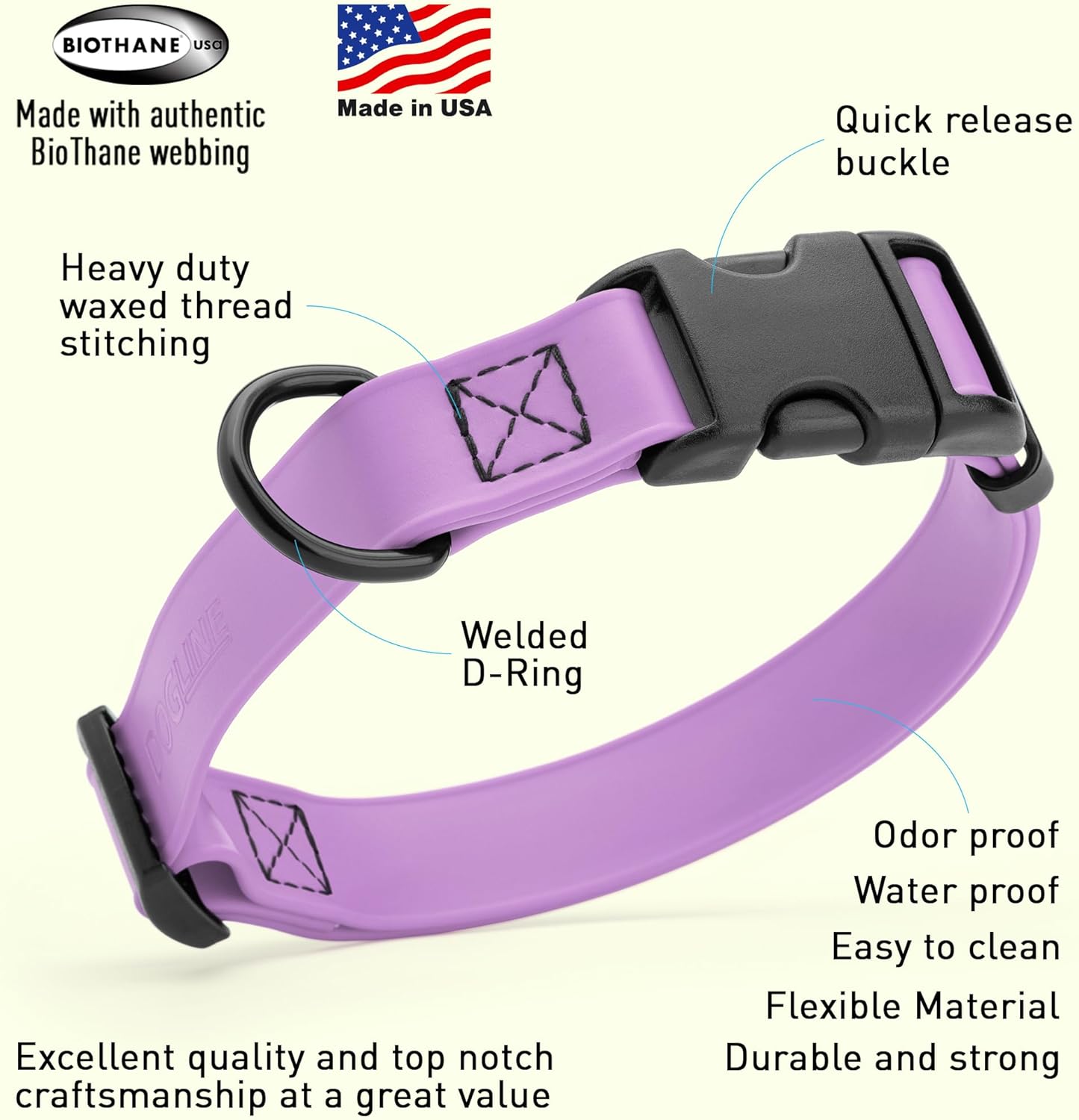 Dogline Biothane Waterproof Dog Collar with Quick Release Buckle Strong Coated Nylon Webbing with Odor- Proof for Easy Care Easy to Clean Fits Small Medium Large Dogs, Amethyst Purple 3/4" W 12-19" L