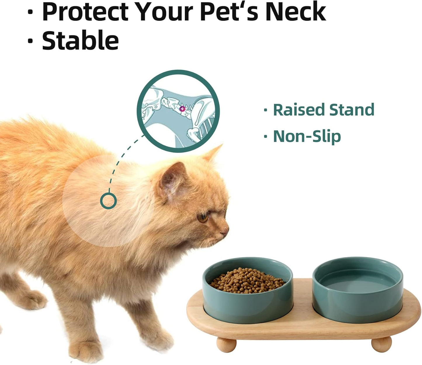 Ceramic Elevated Cat Food and Water Bowl, Kitty Bowl, Raised Cat Dish, Pet Feeder (5.1 in, 2 x Dark Green + Stand)